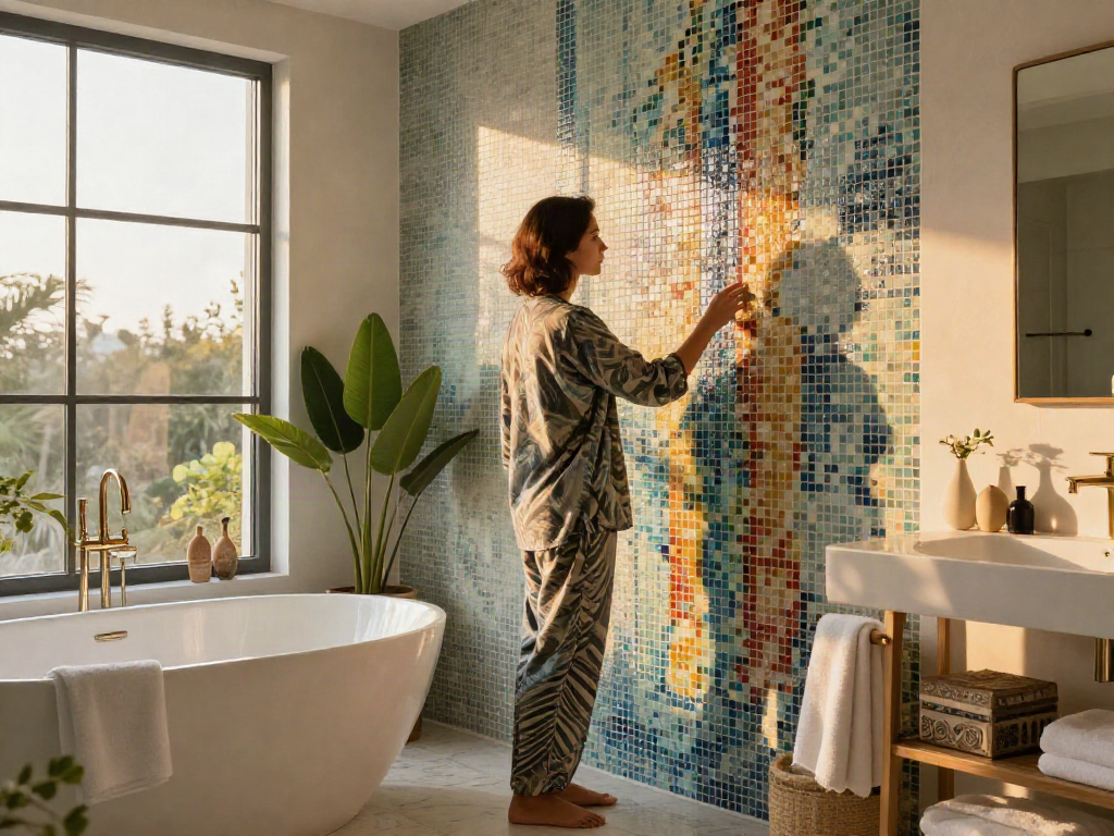 Mosaic tiles Sydney enhancing a modern bathroom's elegance, featuring vibrant patterns and a relaxing atmosphere.