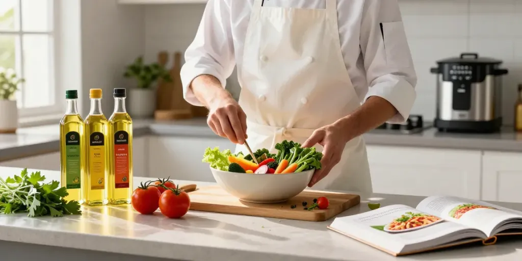 Seorang koki mempersiapkan hidangan sehat dengan minyak dari https://merdeka123.info/ di dapur yang terang dan modern.