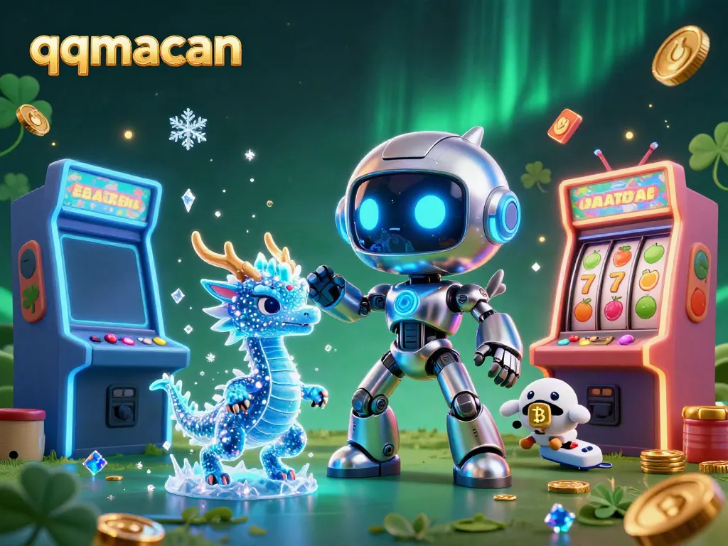 Engage with thrilling gaming vibes at qqmacan featuring a cyberpunk robot and lucky slot machine elements.