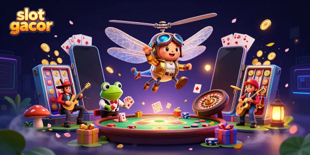 Experience thrilling slot gacor gameplay with a vibrant dragonfly pilot, a frog dealer, and lively jazz musicians.