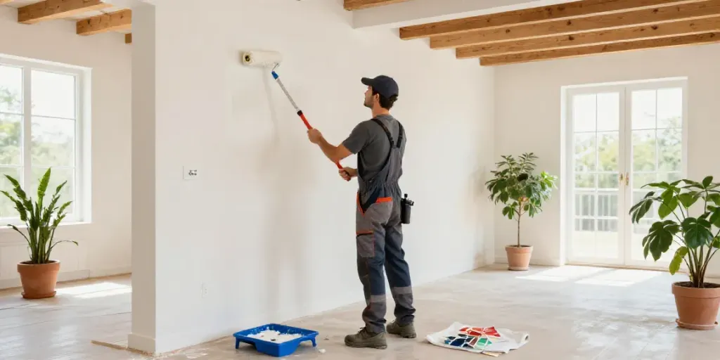 Contractor from https://innovationpaintingremodeling.com painting a wall in modern home renovation.