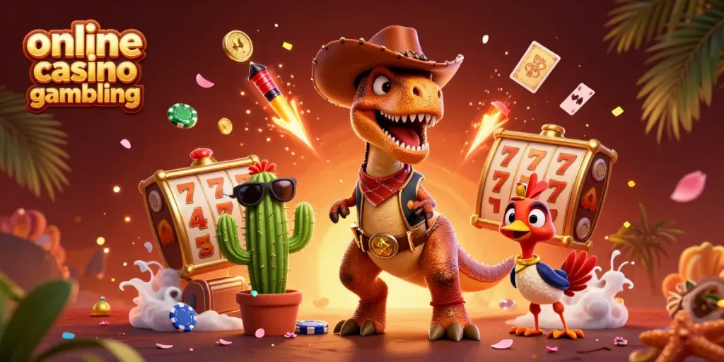 Engage in online casino gambling with a vibrant scene of a cartoon T-Rex, cactus, and roadrunner amidst colorful gaming elements.