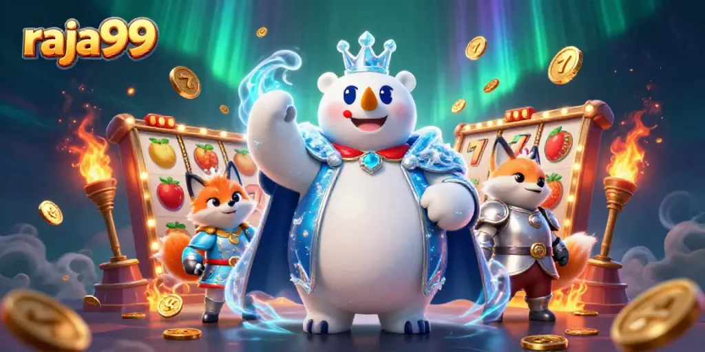 Engage with raja99 through vibrant slot games with an ice king and snow fox in a casino scene.