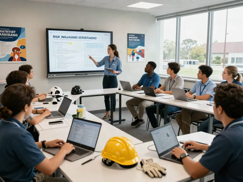 CSP Certification training workshop in a modern classroom with diverse safety professionals engaged in learning.