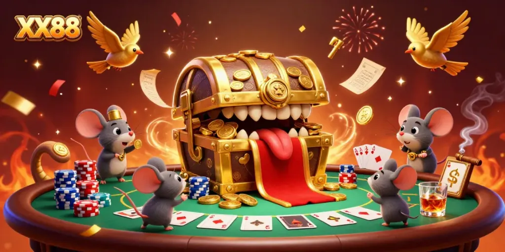 Experience exhilarating gameplay at XX88 with vibrant slots, poker action, and magical treasure scenes.