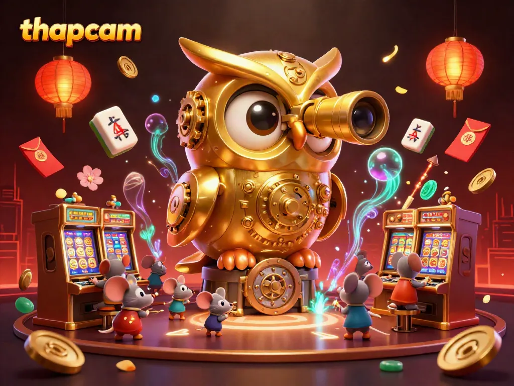 Experience thapcam as a lively golden owl oversees a vibrant casino with animated characters and elements.