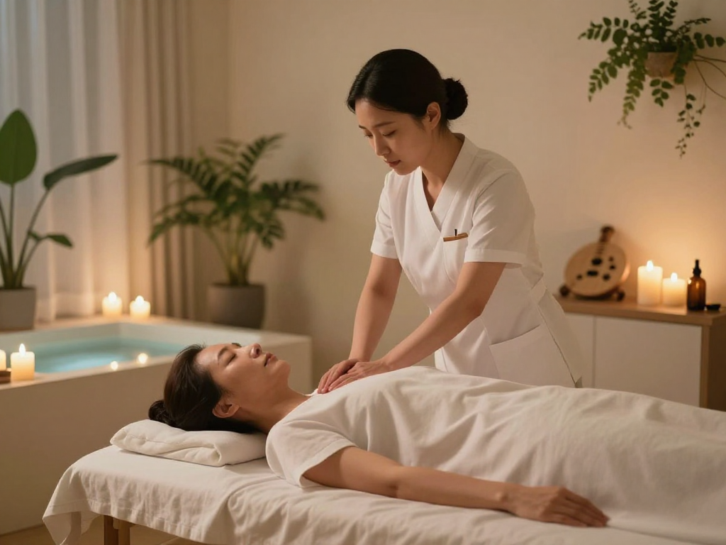 Relaxing 서울출장마사지 session in a tranquil spa environment with soft lighting and focused massage therapy.