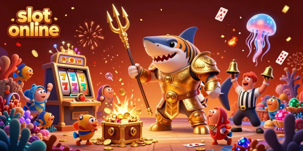Engage with slot online excitement featuring a fierce shark gladiator amid sparkling animations.