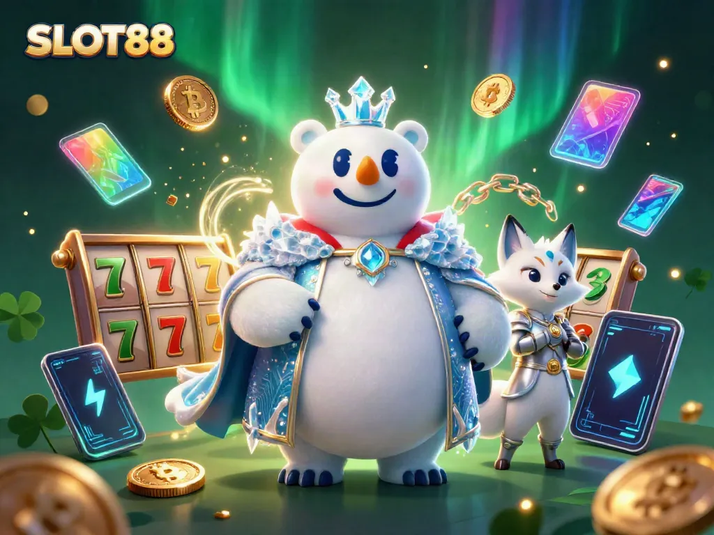 Spin to win at SLOT88 with a captivating 3D illustration of a polar bear and a fox among dynamic slot games and cryptocurrencies.