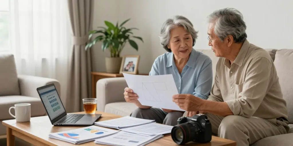 Couple discussing reverse mortgages in their cozy living room.