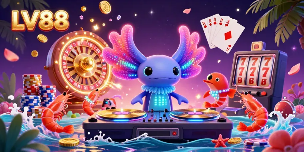 Experience the thrilling world of LV88 with a vibrant underwater casino scene featuring an axolotl DJ.