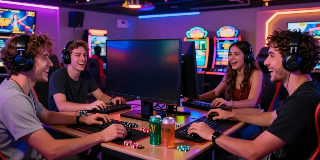 Friends enjoying online slots in a vibrant gaming lounge with neon lights
