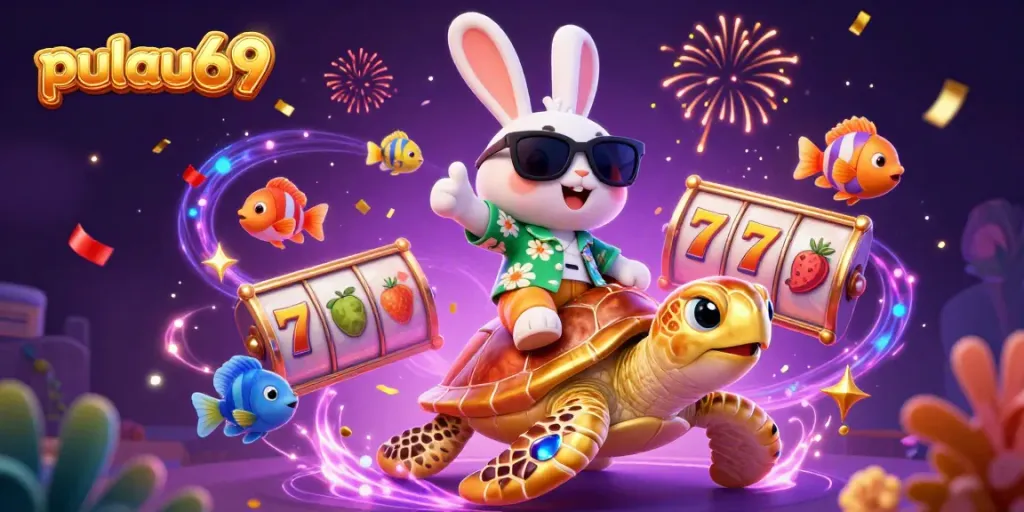 Spin the reels of pulau69 with the lucky rabbit and golden sea turtle in this vibrant casino scene.