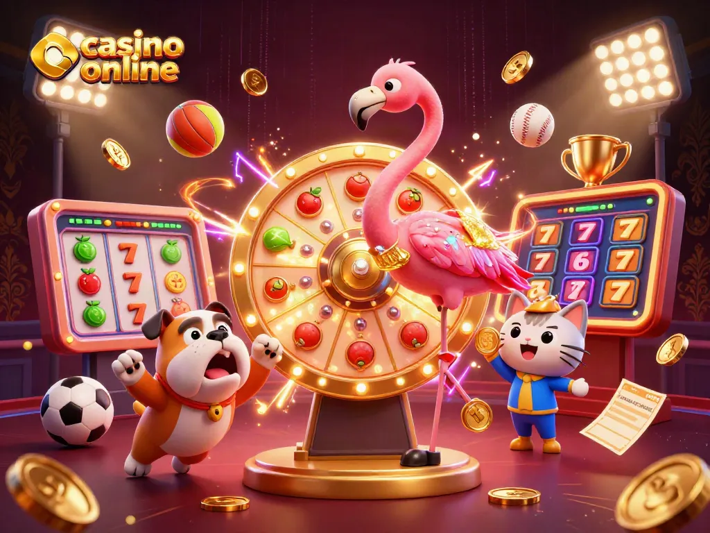 Juega en el casino online con una emocionante rueda de premios y personajes animados de casino.