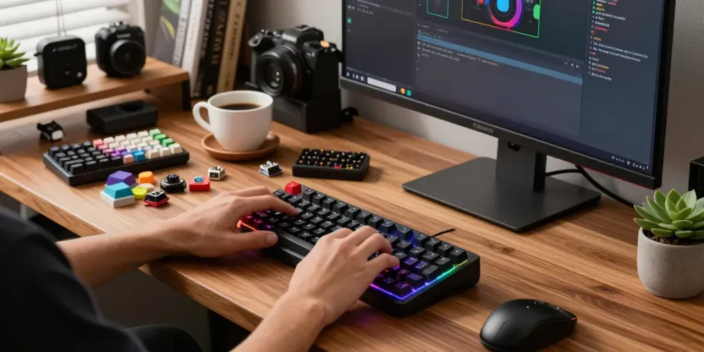 Creating personalized Wooting 60HE v2 upgrades at a tech workspace filled with keyboard components.
