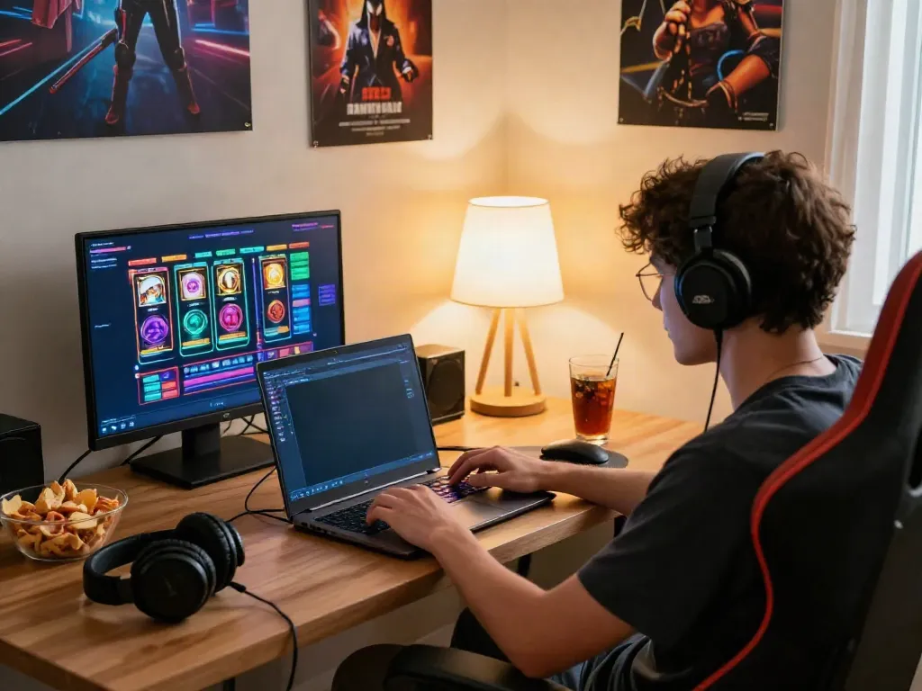 Engaging gaming scene featuring a player enjoying situs slot777 on a laptop with colorful screens and snacks.