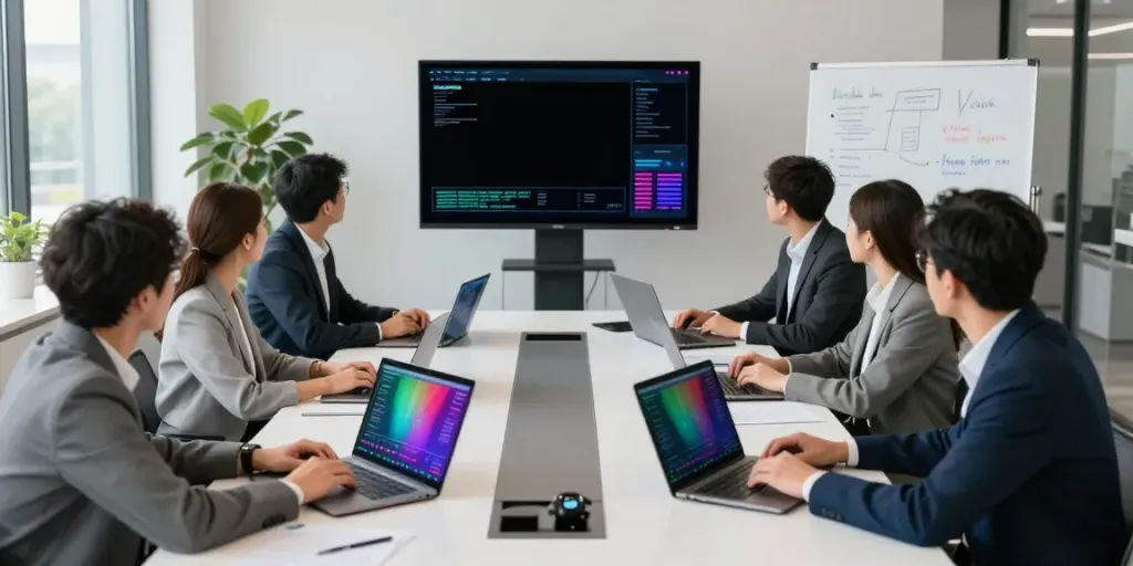 Deepfake-protected meetings with a diverse team using security software for video conferencing.