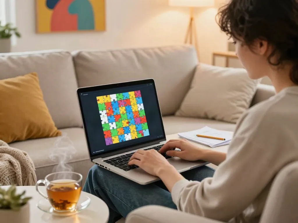 Engaged player solving a connections puzzle; more hints visible on their laptop screen.