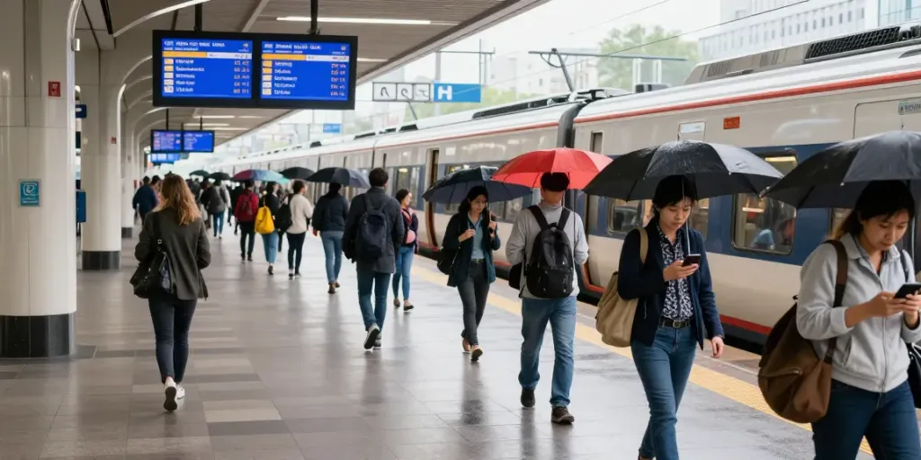 Commuters navigating a busy train station, highlighting transport delays on electronic boards.