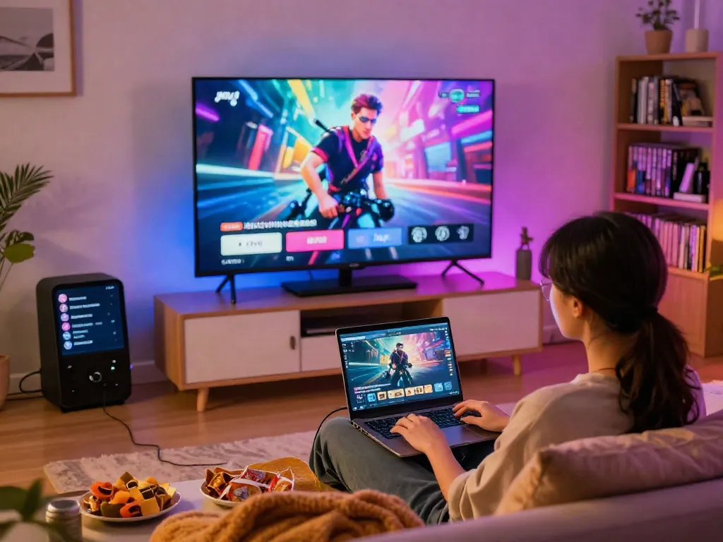 Enjoying JAV subtitle Indonesia on a cozy couch with a laptop and snacks
