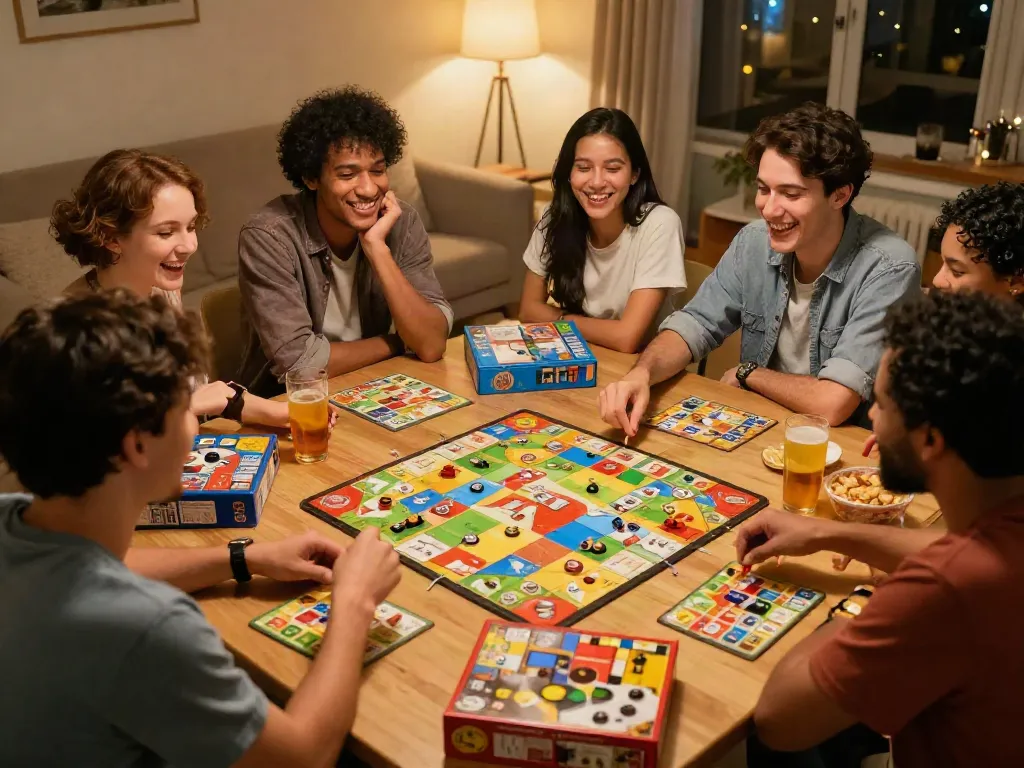 Friends enjoying board games together, highlighting the community spirit and fun.
