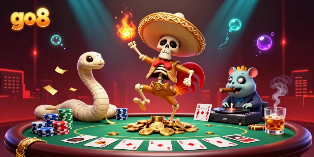 Celebrate with go8 in a vivid casino scene of a dancing skeleton rooster and vibrant elements.