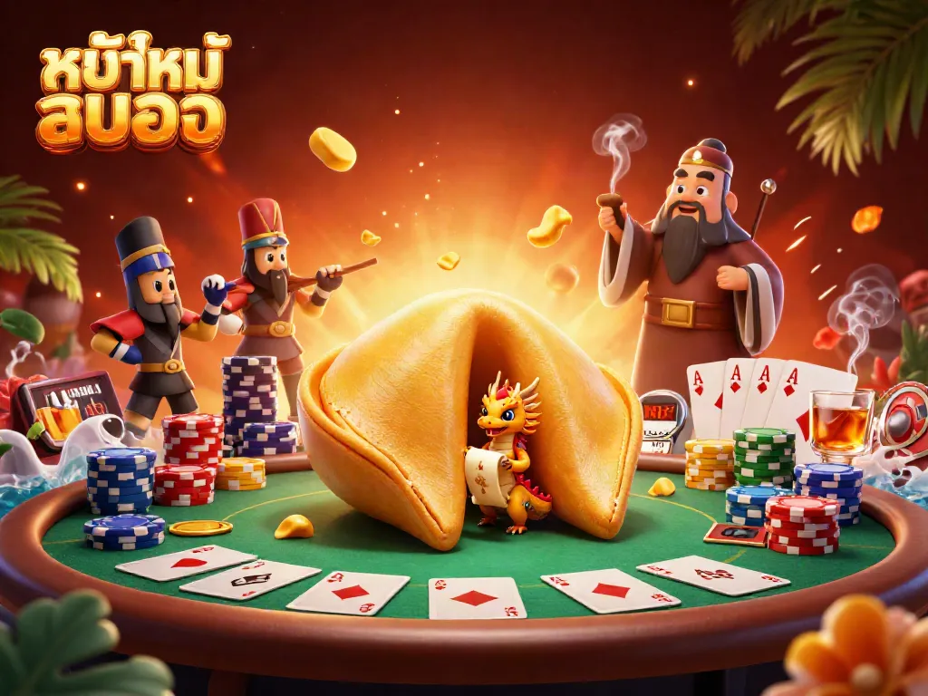 Engage with หนังใหม่ชนโรง in a vibrant casino atmosphere featuring a giant fortune cookie and dynamic gambling elements.