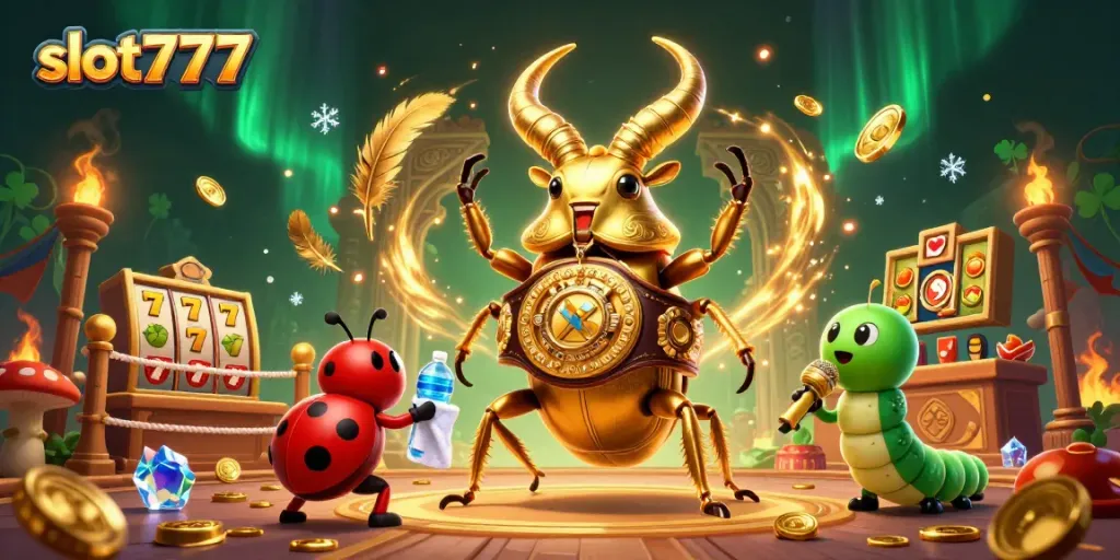 Menggulung slot777 dengan simbol keberuntungan dan karakter 3D kartun di arena pertarungan, memikat dan penuh aksi.
