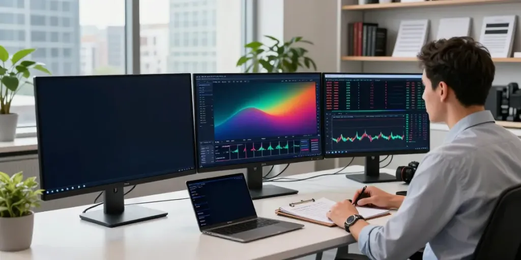 Trader utilizing TradingView software in a modern office, analyzing market trends through various screens.