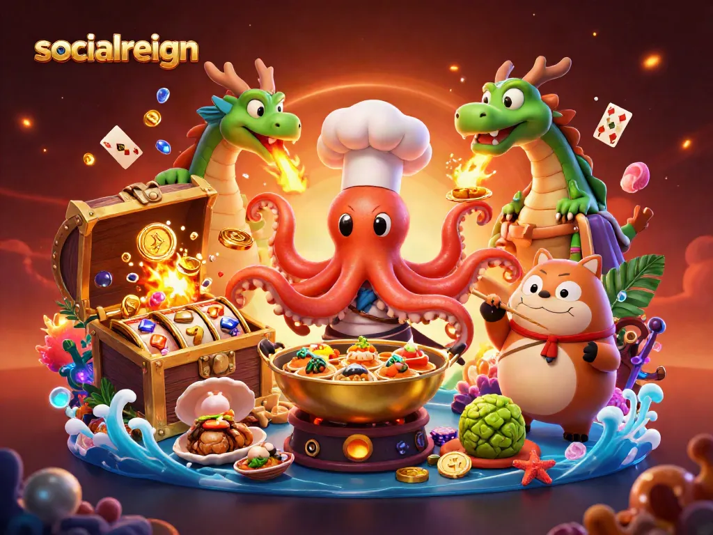 Experience winning spins at socialreign with a sushi chef octopus and casino-themed festivities.