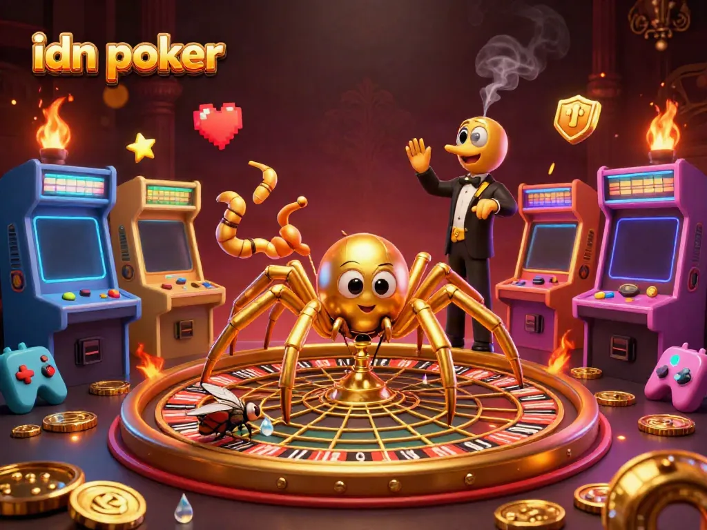 Experience idn poker thrills with a golden spider at a roulette wheel, surrounded by colorful gaming elements.