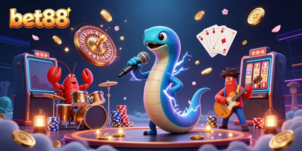 Experience the thrill of bet88 at an underwater casino with a DJ eel, lobster drummer, and seahorse guitarist.