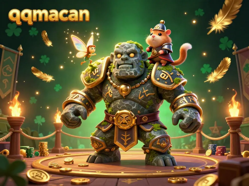 Experience excitement with qqmacan at a magical casino scene featuring a golem and knight.