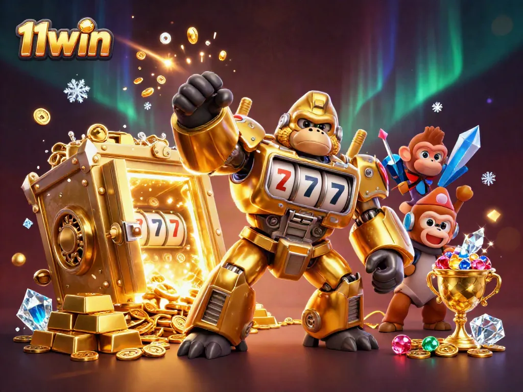 Win big at 11win with a thrilling 3D gorilla mech slot machine scene bursting with coins!