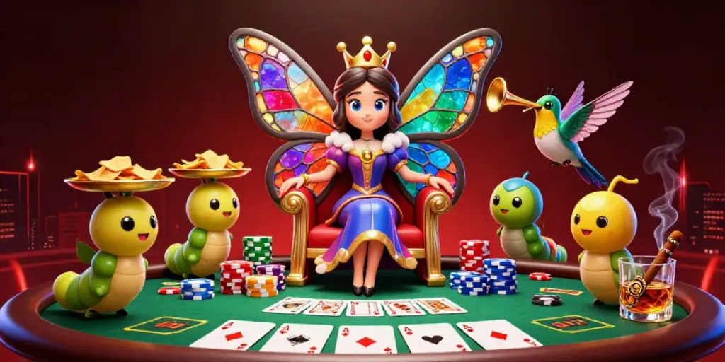 Experience the magic of eyangtogel with the butterfly queen in a vibrant casino scene.