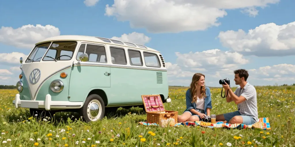 Vintage Volkswagen air-cooled vehicle at a sunny meadow picnic setting, highlighting http://www.aircooledapps.com lifestyle.