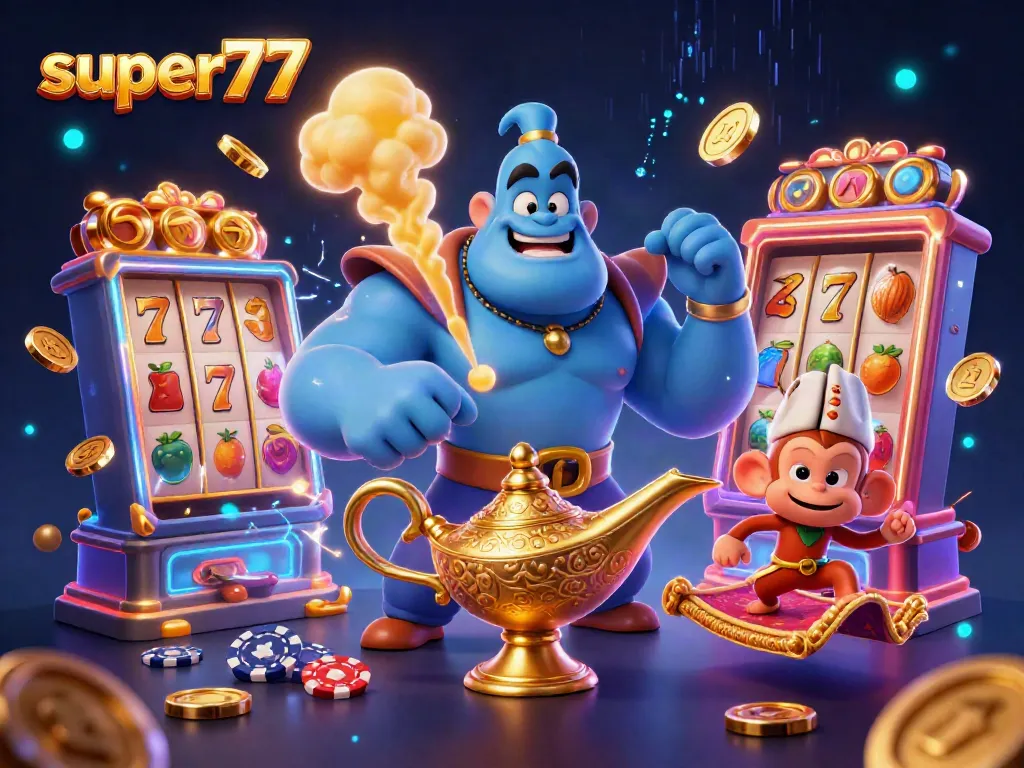 Experience winning thrills with super77's magical Genie and monkey in a vibrant slot scene.