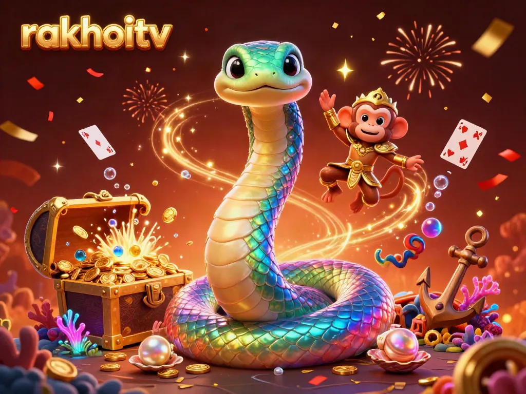 Experience the thrill of rakhoitv with a vibrant rainbow serpent and playful monkey king amid a rich casino scene.