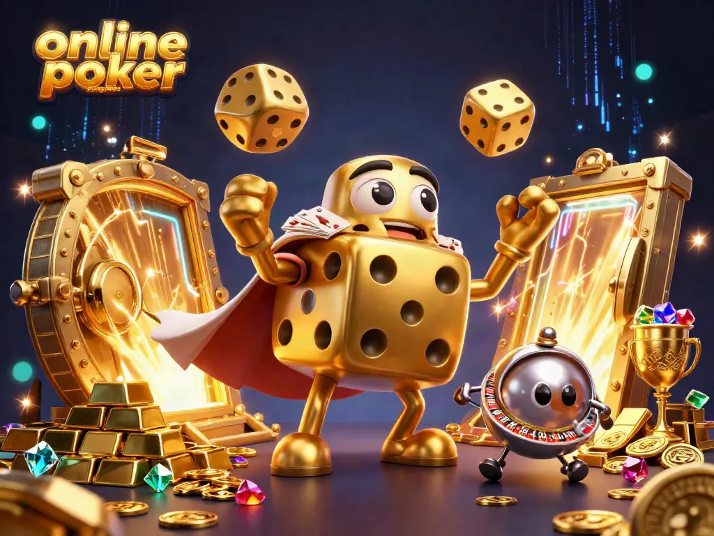 Experience online poker Singapore action with a vibrant scene featuring golden characters and casino treasures.