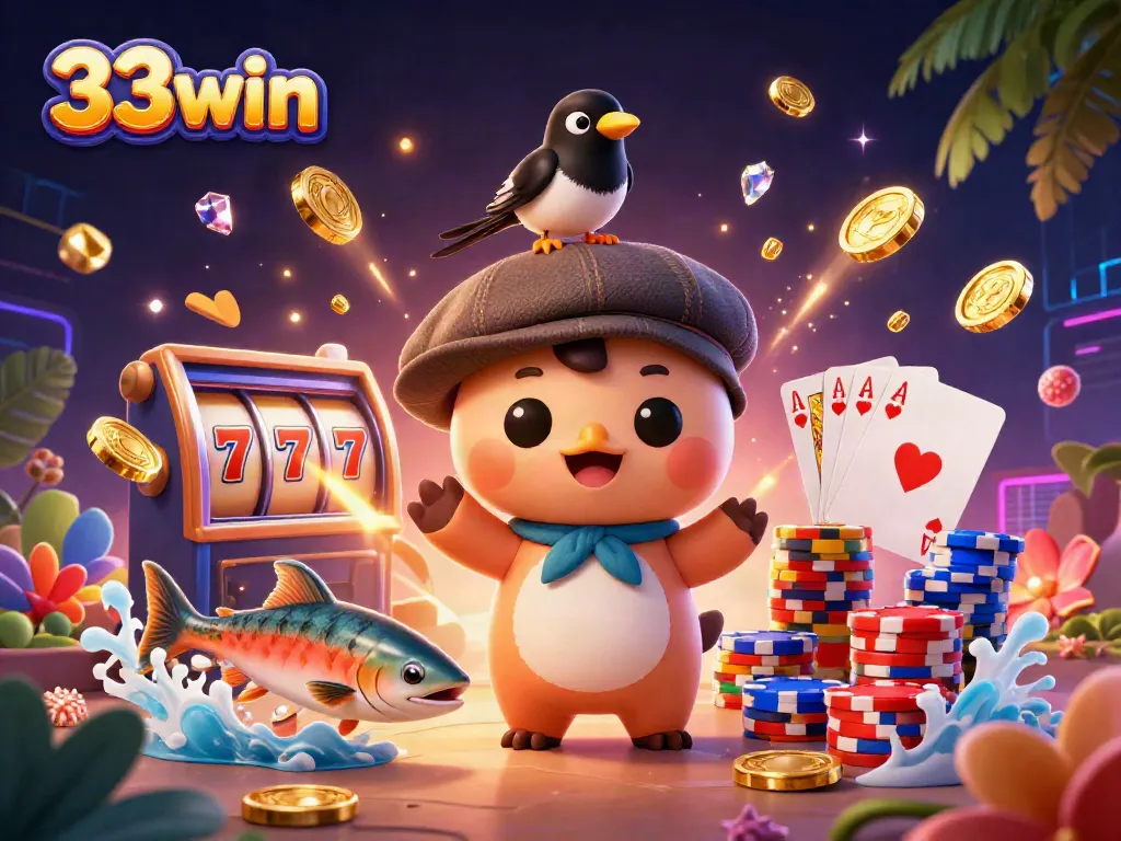 Experience thrilling slots action with 33win, featuring 3D cartoon characters and vibrant casino elements.