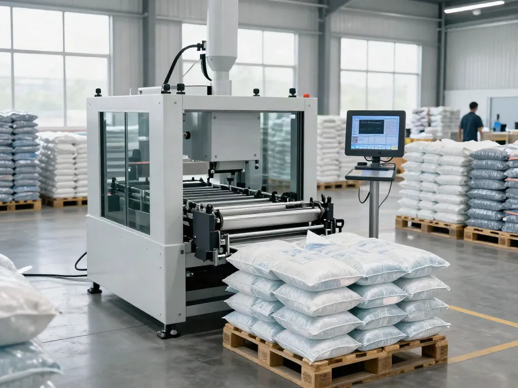 Efficient automatic bag palletizer machine stacking open-mouth bags in a bright industrial setting.