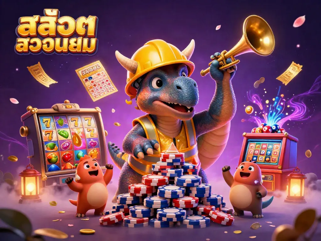 Engage with สล็อตยอดนิยม featuring triceratops and parasaurolophus in a vibrant casino scene.