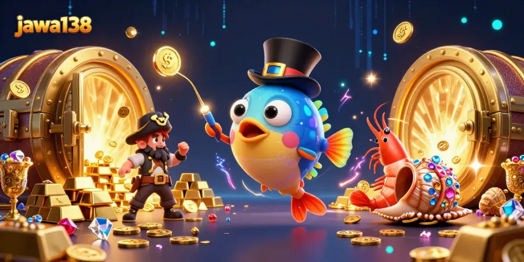 Engage in the thrilling world of jawa138, where a cartoon anglerfish and pirate shrimp attract shimmering gold coins.