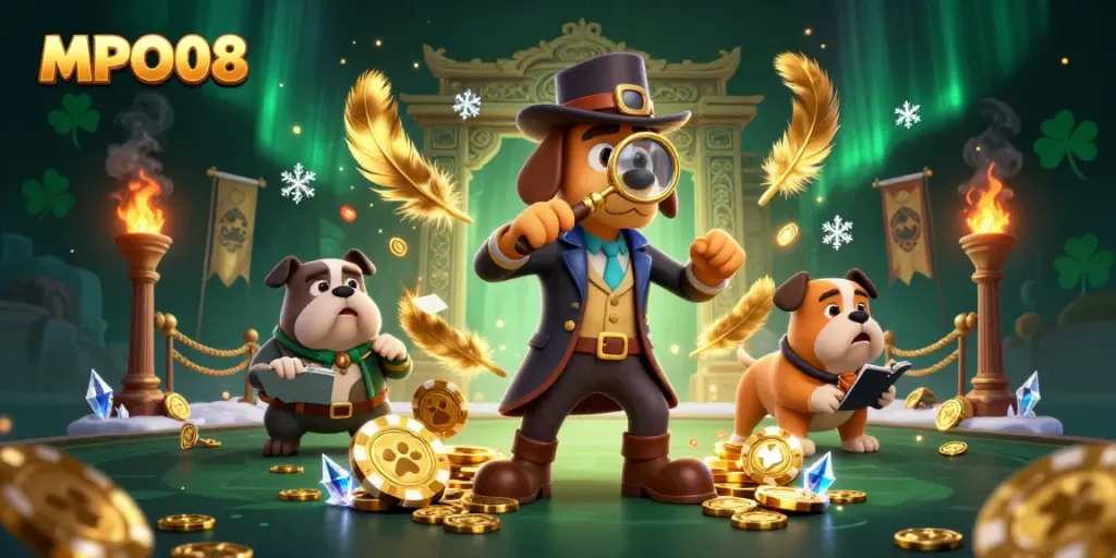 Experience excitement at MPO08 with a detective and bulldog exploring clues in a vibrant casino setting.