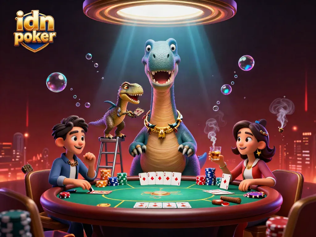 Permainan idn poker yang menarik dengan dinosaurus raksasa dan dealer kartu riang.