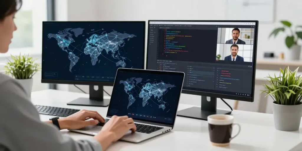 快连 user in a modern workspace enjoying high-speed internet service for remote work.