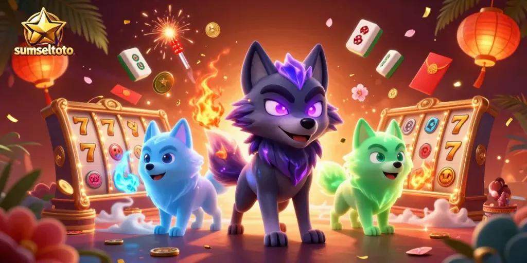 Sumseltoto interactive slot gaming scene with vibrant wolf characters and festive elements.
