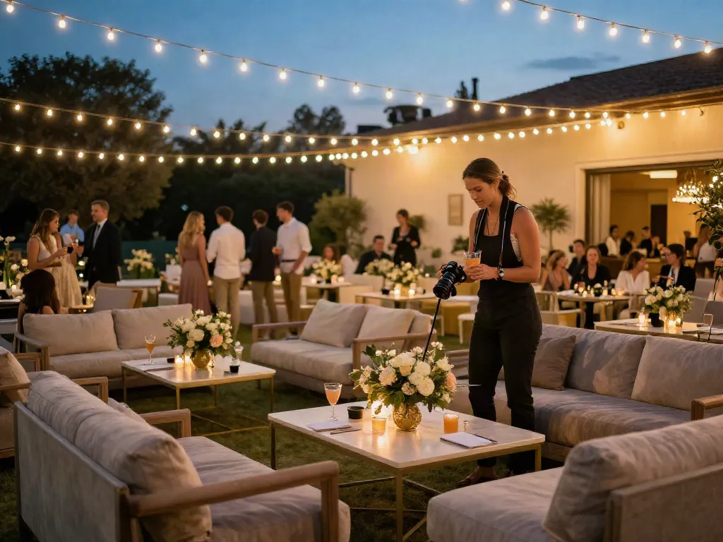 Event furniture rental setup in outdoor wedding setting with elegant lounge furniture and decor.