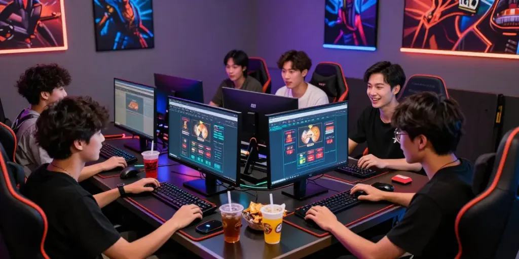 Sekelompok teman bersemangat bermain taruhan online di situs ratutogel dengan suasana permainan yang ceria.