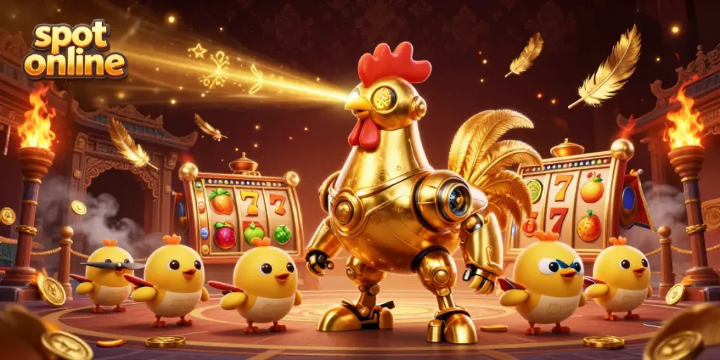 Memainkan slot online dengan karakter robot ayam emas dan drone unik dalam ilustrasi 3D yang menarik.